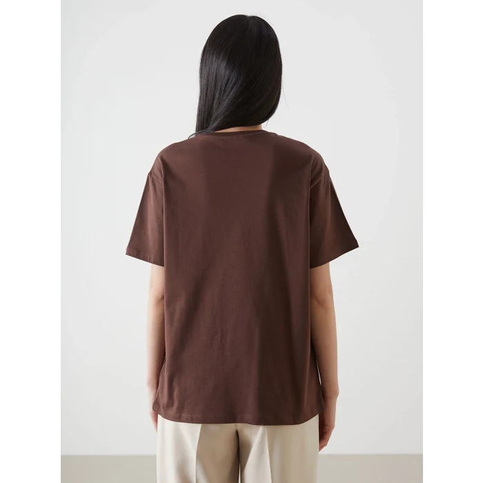 LCW Vision Kahverengi Bisiklet Yaka Baskılı Kadın Tişört