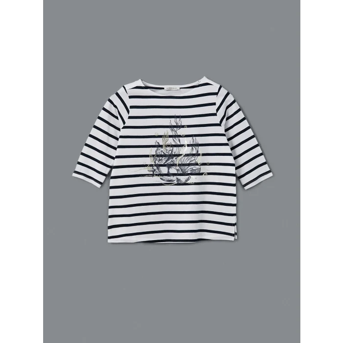 LCW Grace Lacivert Bisiklet Yaka Çizgili Kadın Tişört