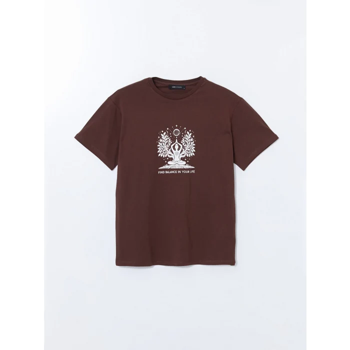 LCW Vision Kahverengi Bisiklet Yaka Baskılı Kadın Tişört