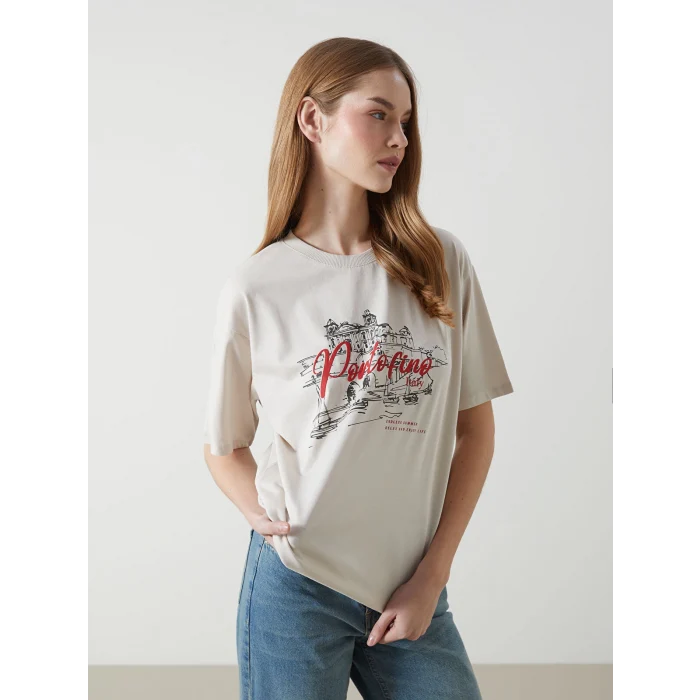 LCW Vision Gri Bisiklet Yaka Baskılı Oversize Kadın Tişört