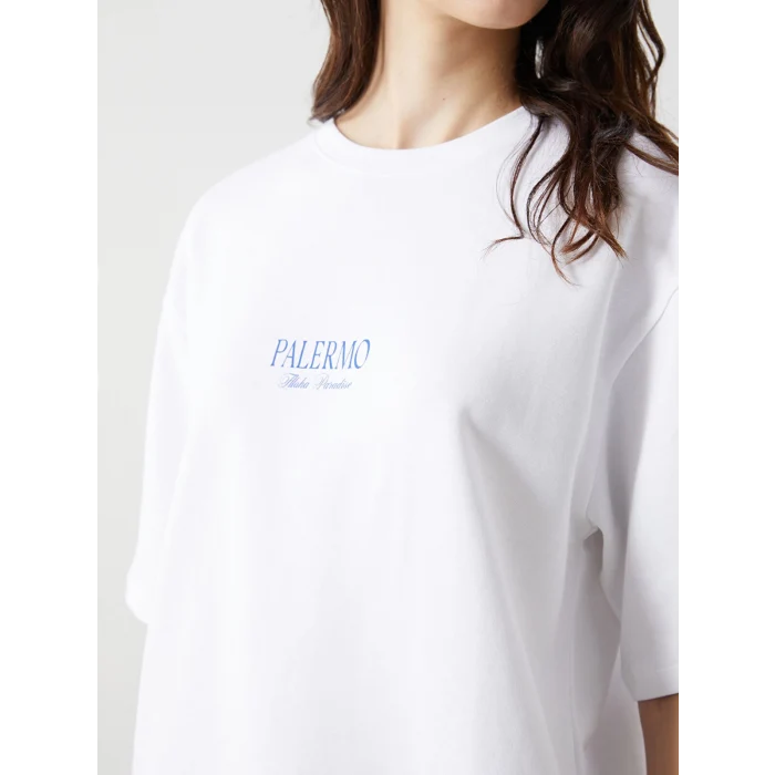 LCW Vision Beyaz Bisiklet Yaka Palermo Baskılı Oversize Kadın Tişört