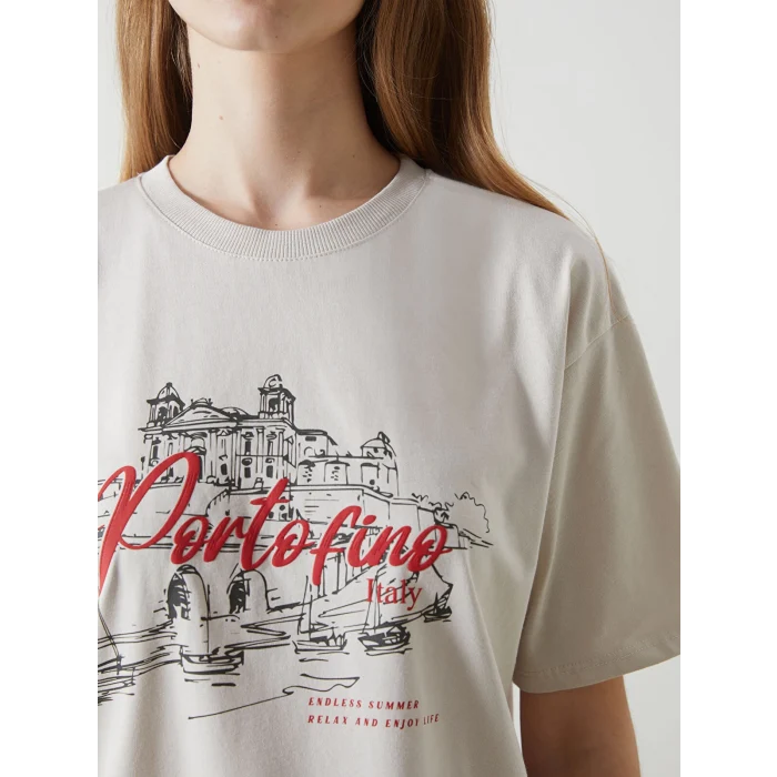 LCW Vision Gri Bisiklet Yaka Baskılı Oversize Kadın Tişört