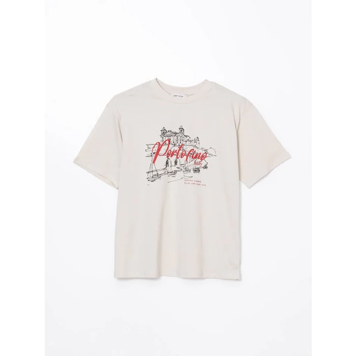 LCW Vision Gri Bisiklet Yaka Baskılı Oversize Kadın Tişört