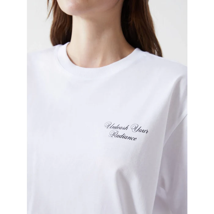 LCW Vision Beyaz Bisiklet Yaka Baskılı Oversize Kadın Tişört