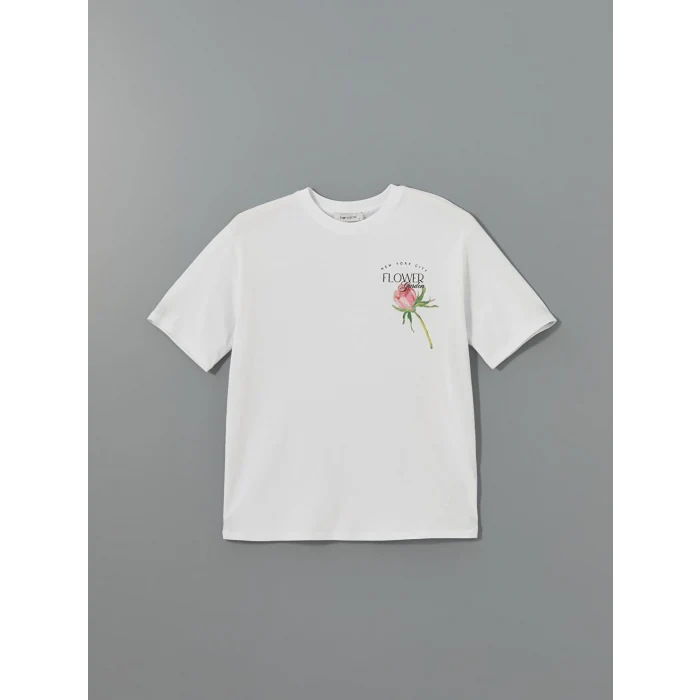 LCW Vision Beyaz Bisiklet Yaka Baskılı Oversize Kadın Tişört