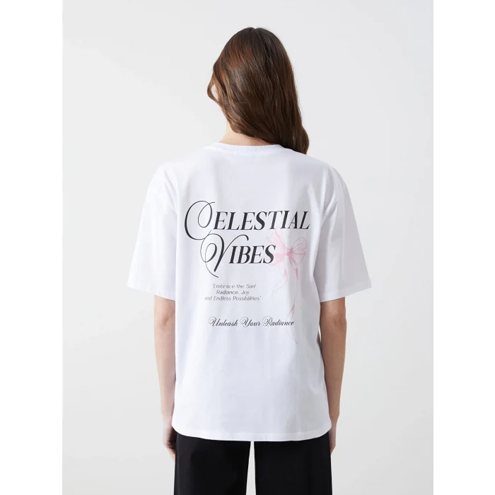 LCW Vision Beyaz Bisiklet Yaka Baskılı Oversize Kadın Tişört
