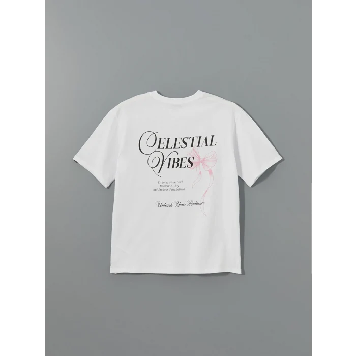 LCW Vision Beyaz Bisiklet Yaka Baskılı Oversize Kadın Tişört