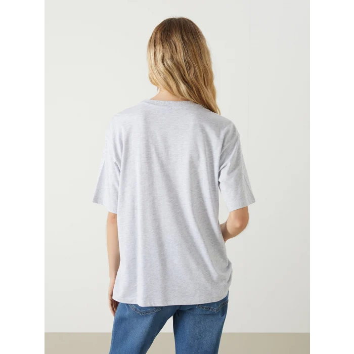 LCW Vision Gri Chicago Baskılı Oversize Kadın Tişört