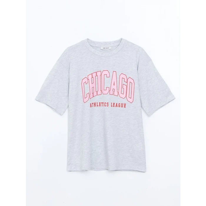 LCW Vision Gri Chicago Baskılı Oversize Kadın Tişört