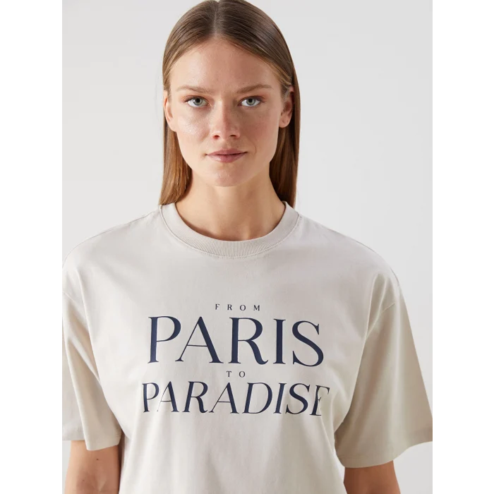 LCW Vision Gri Bisiklet Yaka Paris Baskılı Oversize Kadın Tişört