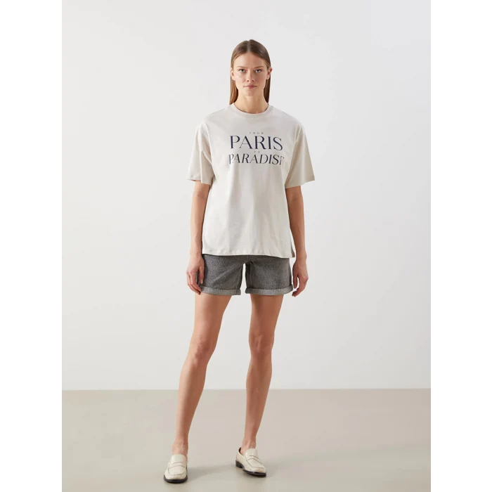 LCW Vision Gri Bisiklet Yaka Paris Baskılı Oversize Kadın Tişört