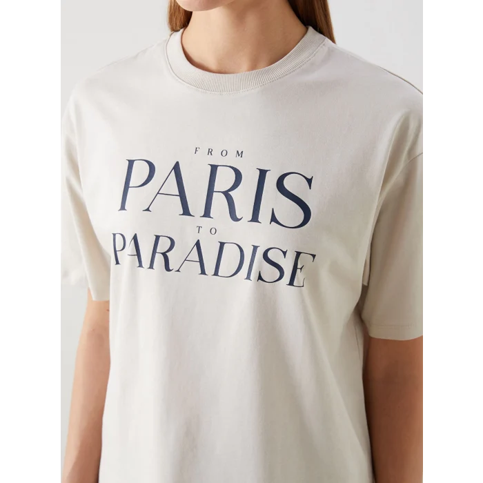 LCW Vision Gri Bisiklet Yaka Paris Baskılı Oversize Kadın Tişört