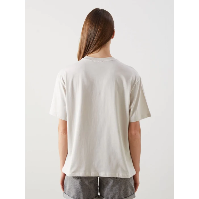 LCW Vision Gri Bisiklet Yaka Paris Baskılı Oversize Kadın Tişört