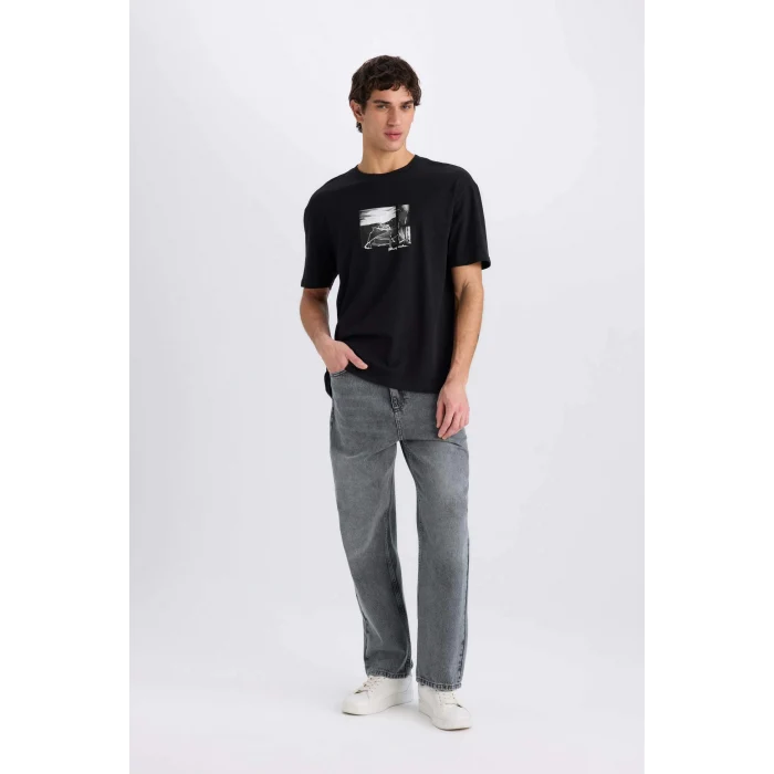 Defacto E1723 Siyah %100 Pamuk Boxy Fit Bisiklet Yaka Baskılı Kısa Kollu Tişört