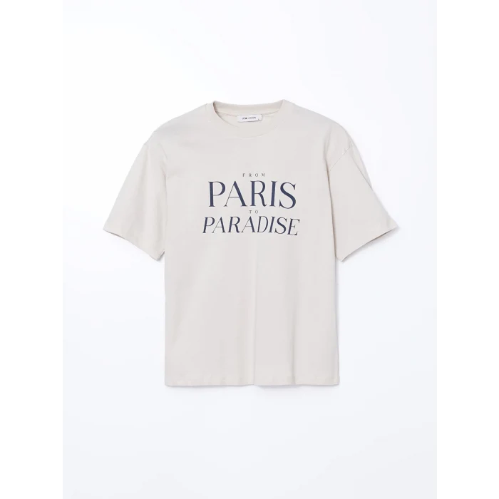 LCW Vision Gri Bisiklet Yaka Paris Baskılı Oversize Kadın Tişört