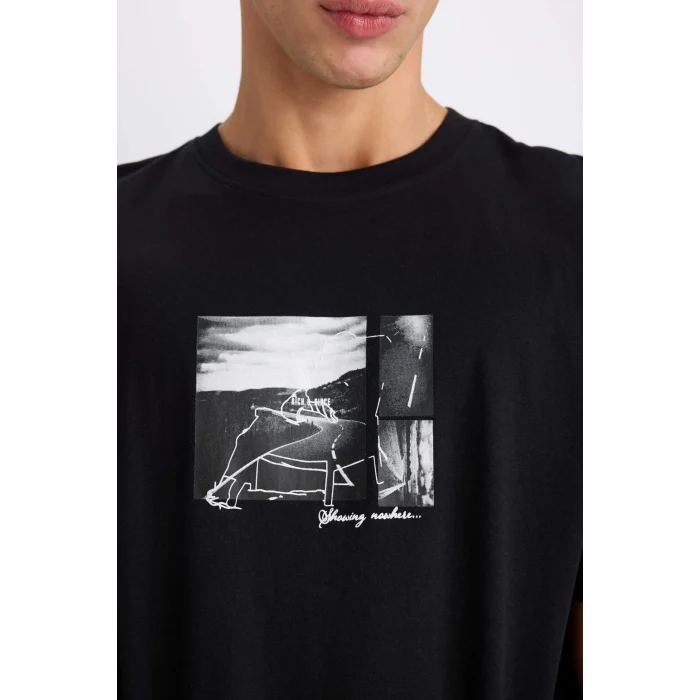 Defacto E1723 Siyah %100 Pamuk Boxy Fit Bisiklet Yaka Baskılı Kısa Kollu Tişört