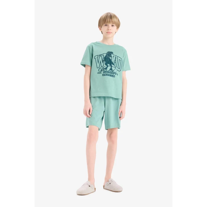 Defacto E6649 Yeşil Erkek Çocuk Pijama Takımı Baskılı Kısa Kollu Üst Beli Lastikli Şort