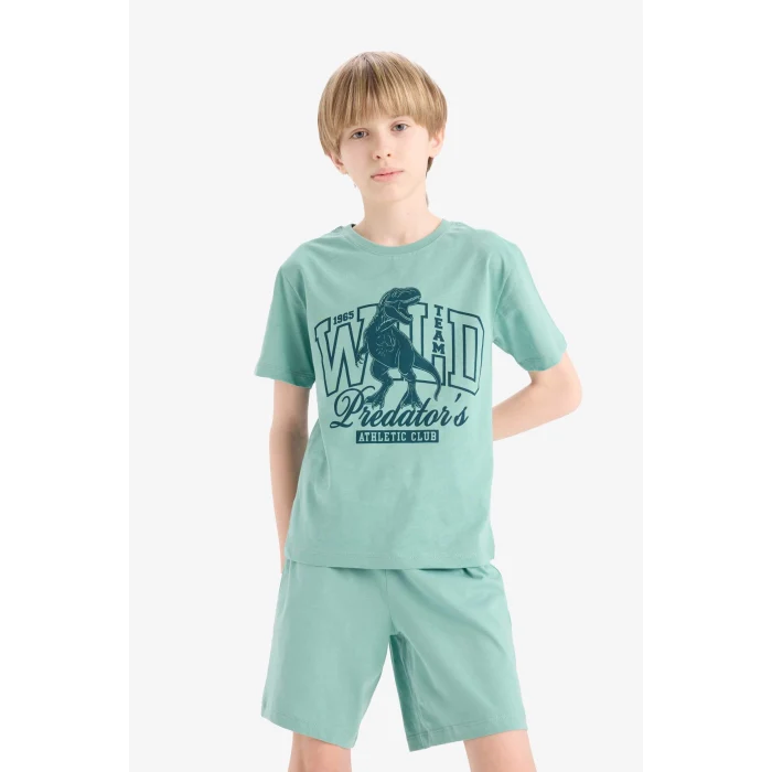 Defacto E6649 Yeşil Erkek Çocuk Pijama Takımı Baskılı Kısa Kollu Üst Beli Lastikli Şort