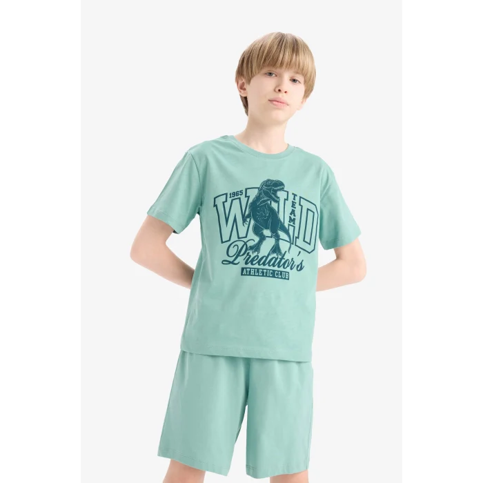 Defacto E6649 Yeşil Erkek Çocuk Pijama Takımı Baskılı Kısa Kollu Üst Beli Lastikli Şort