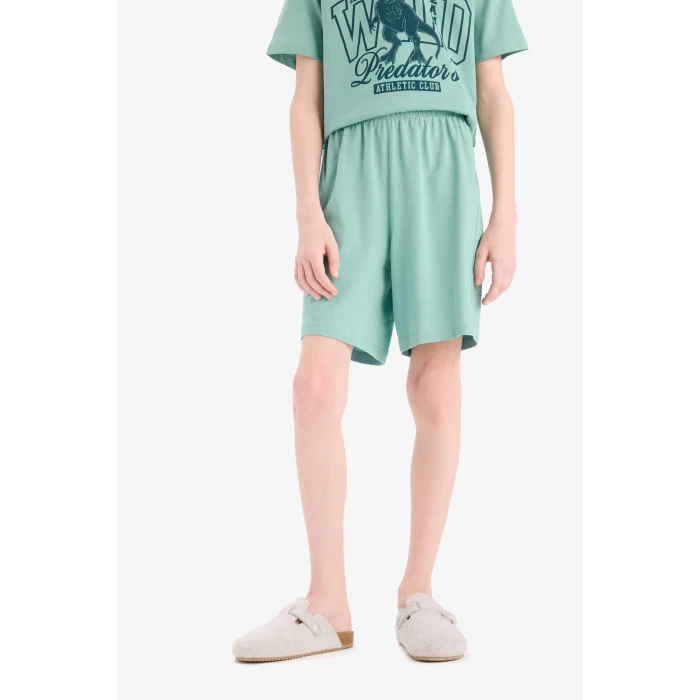 Defacto E6649 Yeşil Erkek Çocuk Pijama Takımı Baskılı Kısa Kollu Üst Beli Lastikli Şort