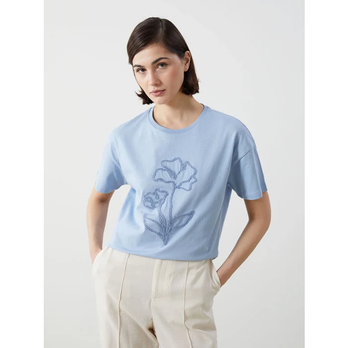 LCW Vision Mavi Bisiklet Yaka Çiçekli Kadın Tişört