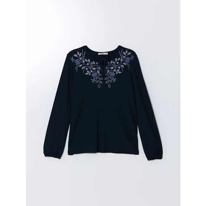 LCW Grace Lacivert Bağlamalı Yaka Çiçekli Kadın Bluz