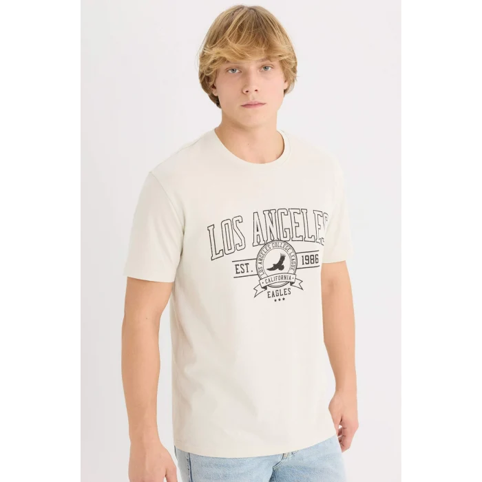 Defacto D5577 Bej %100 Pamuk Regular Fit Bisiklet Yaka Baskılı Kısa Kollu Tişört