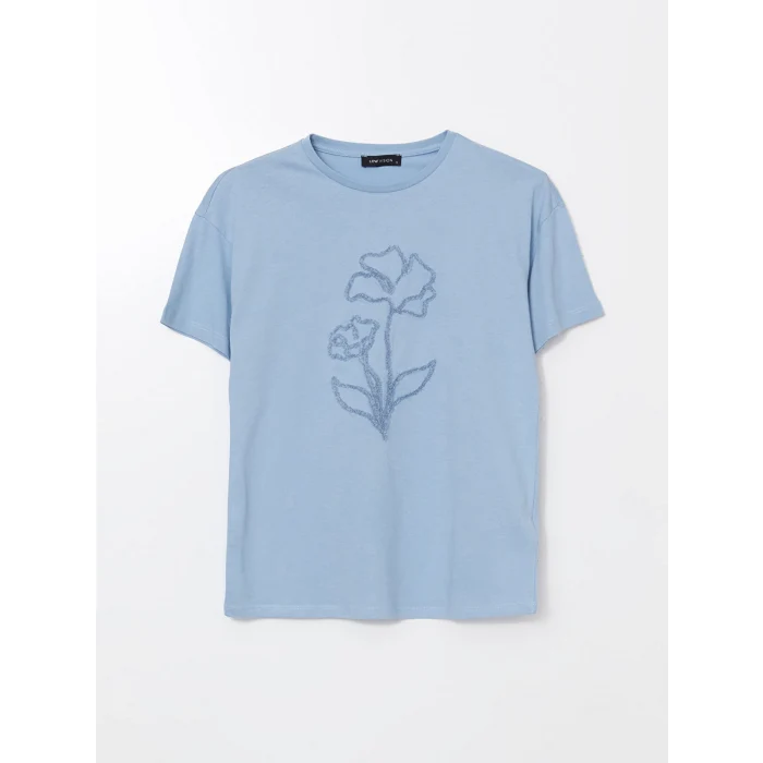 LCW Vision Mavi Bisiklet Yaka Çiçekli Kadın Tişört