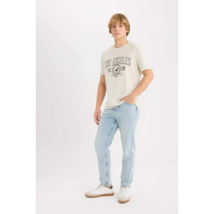 Defacto D5577 Bej %100 Pamuk Regular Fit Bisiklet Yaka Baskılı Kısa Kollu Tişört