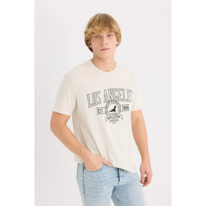 Defacto D5577 Bej %100 Pamuk Regular Fit Bisiklet Yaka Baskılı Kısa Kollu Tişört