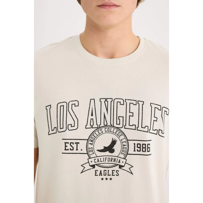 Defacto D5577 Bej %100 Pamuk Regular Fit Bisiklet Yaka Baskılı Kısa Kollu Tişört