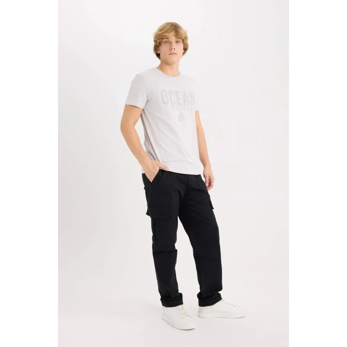 Defacto D9354 Gri %100 Pamuk Slim Fit Dar Kesim Bisiklet Yaka Baskılı Kısa Kollu Tişört