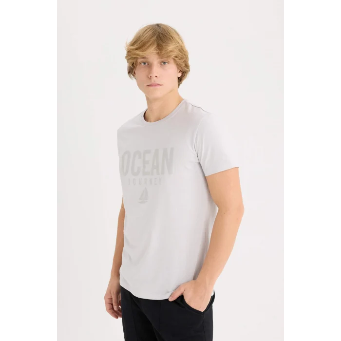 Defacto D9354 Gri %100 Pamuk Slim Fit Dar Kesim Bisiklet Yaka Baskılı Kısa Kollu Tişört