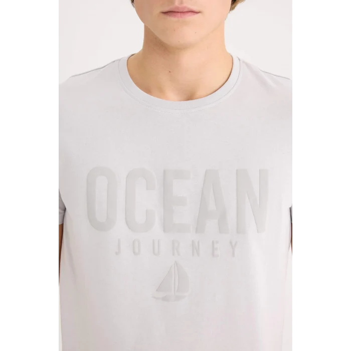 Defacto D9354 Gri %100 Pamuk Slim Fit Dar Kesim Bisiklet Yaka Baskılı Kısa Kollu Tişört