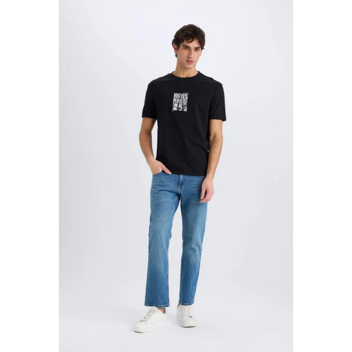 Defacto E0581 Siyah %100 Pamuk Regular Fit Bisiklet Yaka Baskılı Kısa Kollu Tişört
