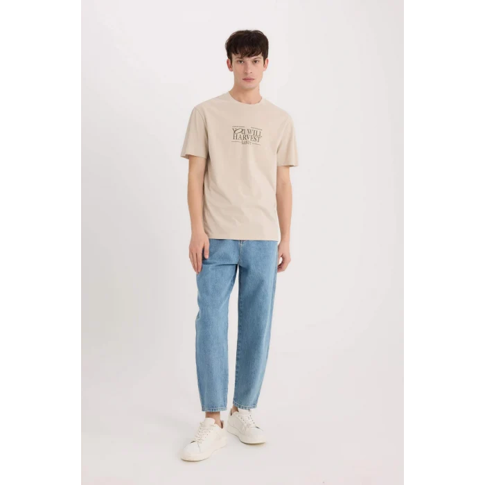 Defacto D6204 Bej %100 Pamuk Regular Fit Bisiklet Yaka Baskılı Kısa Kollu Tişört