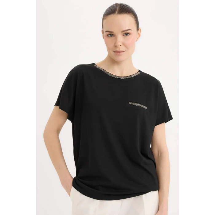 Defacto K7701 Siyah Bisiklet Yaka Baskılı Siyah Kısa Kollu Tişört