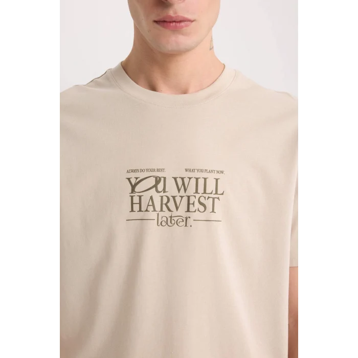 Defacto D6204 Bej %100 Pamuk Regular Fit Bisiklet Yaka Baskılı Kısa Kollu Tişört