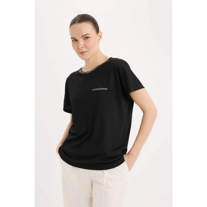 Defacto K7701 Siyah Bisiklet Yaka Baskılı Siyah Kısa Kollu Tişört