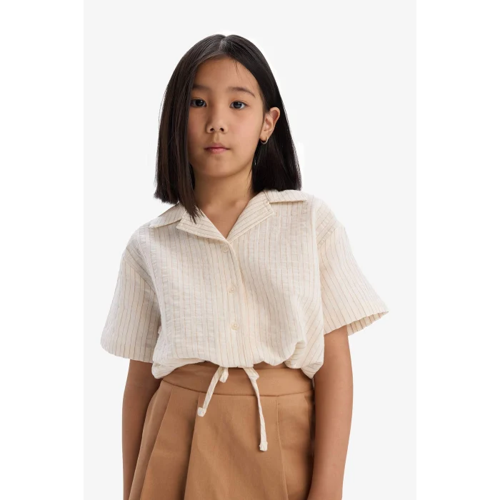 Defacto D9146 Beyaz Kız Çocuk Cropped Fit Müslin Kısa Kollu Gömlek