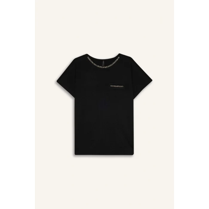 Defacto K7701 Siyah Bisiklet Yaka Baskılı Siyah Kısa Kollu Tişört