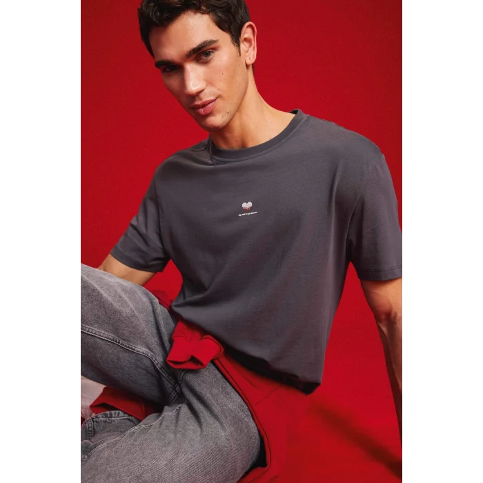 Defacto D5156 Antrasit %100 Pamuk Bisiklet Yaka Kalp Baskılı Kısa Kollu Tişört