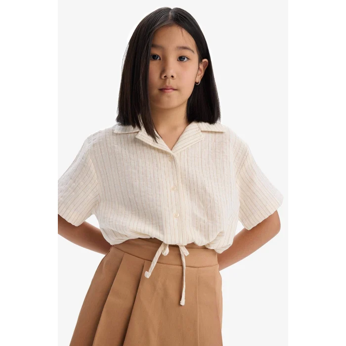 Defacto D9146 Beyaz Kız Çocuk Cropped Fit Müslin Kısa Kollu Gömlek