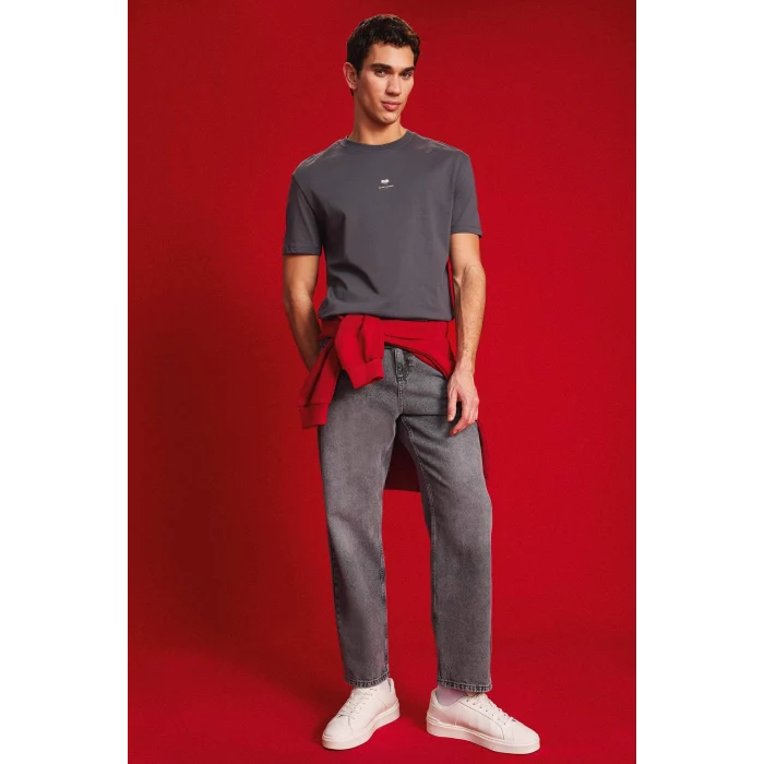 Defacto D5156 Antrasit %100 Pamuk Bisiklet Yaka Kalp Baskılı Kısa Kollu Tişört