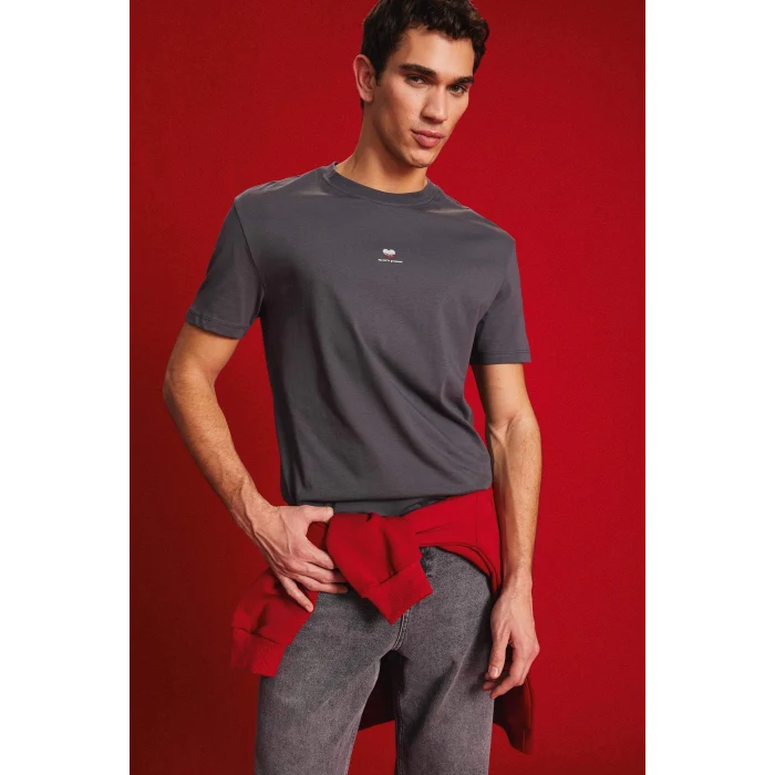 Defacto D5156 Antrasit %100 Pamuk Bisiklet Yaka Kalp Baskılı Kısa Kollu Tişört
