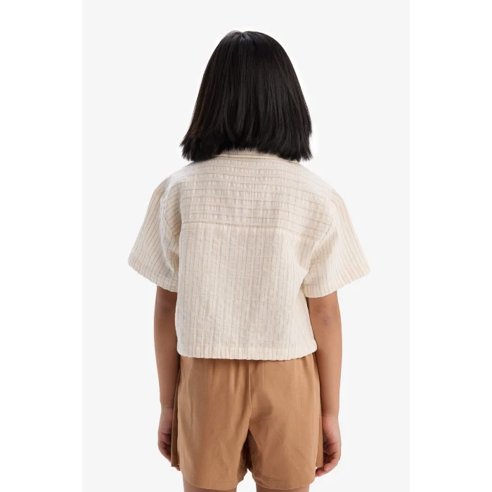 Defacto D9146 Beyaz Kız Çocuk Cropped Fit Müslin Kısa Kollu Gömlek
