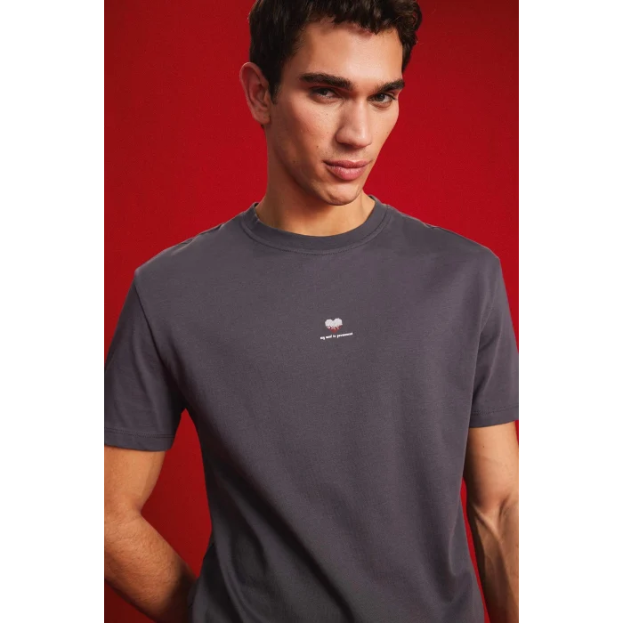 Defacto D5156 Antrasit %100 Pamuk Bisiklet Yaka Kalp Baskılı Kısa Kollu Tişört