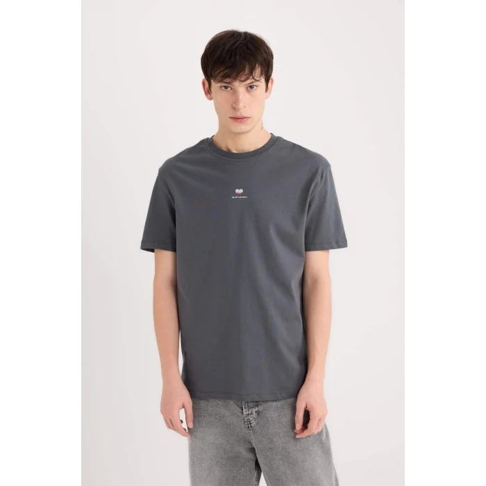 Defacto D5156 Antrasit %100 Pamuk Bisiklet Yaka Kalp Baskılı Kısa Kollu Tişört