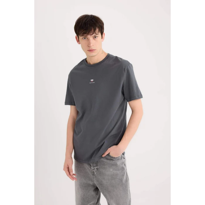 Defacto D5156 Antrasit %100 Pamuk Bisiklet Yaka Kalp Baskılı Kısa Kollu Tişört