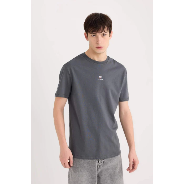 Defacto D5156 Antrasit %100 Pamuk Bisiklet Yaka Kalp Baskılı Kısa Kollu Tişört